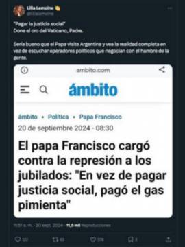 Lilia Lemoine arremetió contra el Papa Francisco emulando la histórica crítica de Maradona a Juan Pablo II